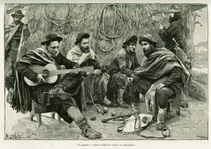 パヤドール、歩く歌い手の詩による決闘。エミール・ダローが1886年に発表した「Voyage a la Plata」の挿絵としてミルバッハが描いたもので、エドゥアール・シャルトン（1807-1890）が監督した「le tour du monde 1888」に収録されています（Hachette, Paris）。