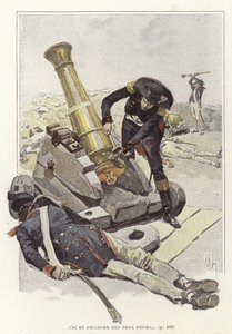 兵士は死んだ兵士の体の横にある大砲を検査します 作： Felicien baron de Myrbach Rheinfeld