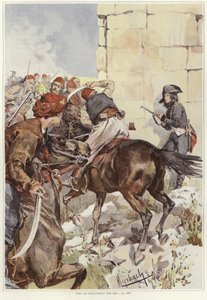 兵士は彼が攻撃を受けたときに彼のライフルを目指しています 作： Felicien baron de Myrbach Rheinfeld