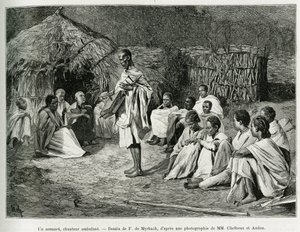 歩く歌い手、アスマリ。アンリ・オードンが1884年から1888年に行った「Voyage au Choa（Abyssinie meridionale）」という物語を説明するために、F.De Myrbachが写真をもとに描いたもので、Edouard Charton（1807-1890）が監督した「le tour du monde 1889」に収録されています（Hachette, Paris）。