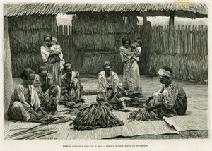 タバコを作る先住民たち。アルフレッド・マルシェ（1844-1898）の「Lucon and Palaouan, six years in the Philippines」（エドゥアール・シャルトン（1807-1890）監督の「le tour du monde 1886」に収録）を説明するためにミルバッハが描いたエングレーヴィング。 作： Felicien baron de Myrbach Rheinfeld