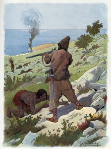 ロビンソン・クルーソーは、フライデーを追いかけてきた野蛮人を殺す。 作： Felicien baron de Myrbach Rheinfeld