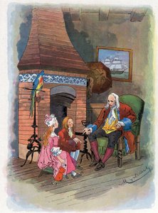 ロビンソン・クルーソーが子供たちに自分の冒険を語る。Felician MYRBACH MYRBACH RHEINFELD (1853-1940)によるイラスト Daniel Defoe (De foe) Robinson Crusoe の本のために。日付はない。1934年頃 作： Felicien baron de Myrbach Rheinfeld