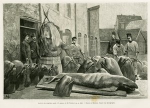 トレンツ島のオストロム氏の家にイルカの死体が到着する様子。H.Labonne著『Un mois dans l