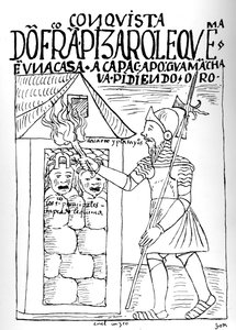 ドンフランシスコピサロがポマデアヤラの祖父の家に火をつけた 作： Felipe Huaman Poma de Ayala