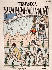 インカ帝国。1月に土地を耕すハトゥン・ルナクラスのインド人カップル - インカの生活を描いたドン・フェリペ・プーマ・デ・アヤラの写本「Nueva coronica y buen gobierno」のインク画 - 16世紀（ハトゥン・ルナのインド人カップル