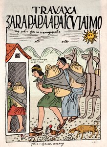 インカ帝国：7月に畑で働くインカの農民たち-ドン・フェリペ・プマ・デ・アヤラのインカの生活を描いた写本「Nueva coronica y buen gobierno」のインク画（1587年頃）Lima, Museo Nacional de Antropologia, Arqueologia e Historia d 作： Felipe Huaman Poma de Ayala