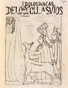 偶像にリャマを捧げるインカ（彫刻 作： Felipe Huaman Poma de Ayala
