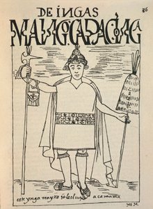 インカの伝説的な創始者であり、インカ神話の人物であるマンコ・カパックを表現したもの（墨絵 作： Felipe Huaman Poma de Ayala