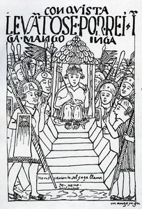 クスコの玉座に新たに戴冠したマンコインカ（木版画） 作： Felipe Huaman Poma de Ayala