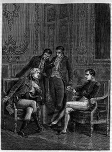 ジャン・ジャック・レジス・ド・カンバセレス（1753-1824）が、当時第一執政官であったボナパルトと、彼の兄弟であるジョセフとルシアンに、彼をボナパルトのConsul a vieにするための独創的な組み合わせを披露している」1804年頃 - （カンバセレスはボナパルトの第一執政官就任を示唆している 作： Felix (after) Philippoteaux