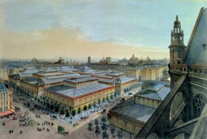 サン・トゥスタッシュのアッパーギャラリーから撮影したパリのレアールの眺めc。 1870-80 作： Felix Benoist