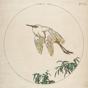 皿の装飾：竹の枝の上を飛ぶ白鷺、1850～1914年。 作： Felix Bracquemond