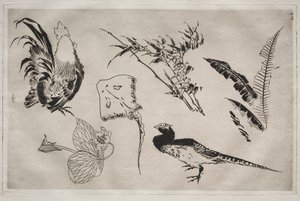 ディナーサービスルソーサービス：鶏、スケート、植物など。 1866年。 作： Felix Bracquemond