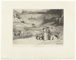 若い女性は丘陵の風景の中で羊飼いにお金を与える Les demoiselles du villages (オブジェクトのタイトル)