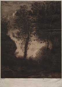 風景：コローの後の日没、c。 1858年。 作： Felix Bracquemond