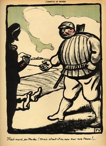 1902年3月1日、「L&39;Assiette au Beurre」の特別版「犯罪と罰」から地主が浮浪者を殺す 作： Felix Edouard Vallotton