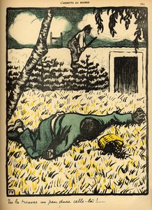 1902年3月1日、「L&39;Assiette au Beurre」の特別版「Crimes and Punishments」から、農民が彼のツリーから梅を盗んで捕まったトランプを撃ちます。 作： Felix Edouard Vallotton