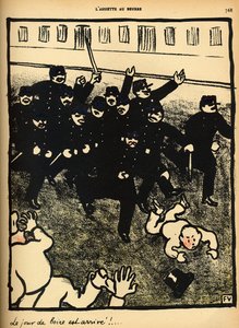 警察の旅団が1902年3月1日の「L&39;Assiette au Beurre」の特別版「Crimes and Punishments」（カラーリソ）からデモ隊のグループを起訴する 作： Felix Edouard Vallotton