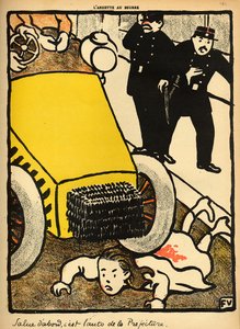 1902年3月1日、「L&39;Assiette au Beurre」の特別版「犯罪と罰」からパトカーが少女の上を走る 作： Felix Edouard Vallotton