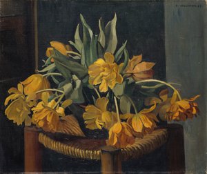 籐の椅子に二重黄色のチューリップ、1923 作： Felix Edouard Vallotton
