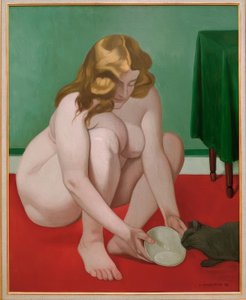 猫に牛乳を提供している身をかがめる女性 作： Felix Edouard Vallotton