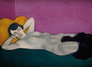 紫色の背景に横たわっている女性。 1924
