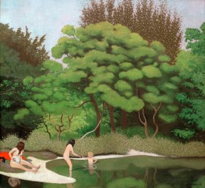 2人の女性と1人の子供がいる、日当たりの良い下草の風景 作： Felix Edouard Vallotton