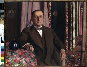 「アート コレクターのジョルジュ (Georgy Emmanuilovich) Haasen の肖像画」Felix Vallotton (1865-1925) による絵画 1913 Nabis Dim. 81.7x100.5 cm エルミタージュ美術館、サンクトペテルブルク、ロシア。 作： Felix Edouard Vallotton