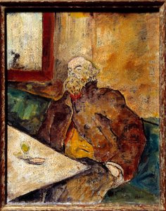 フランスの詩人、ポール・ヴェルレーヌ（1844 - 1896）がバーでアブサンのグラスを前に座っている肖像。フェリックス・ヴァロットン（1865-1925）の作品とされています。 作： Felix Edouard Vallotton