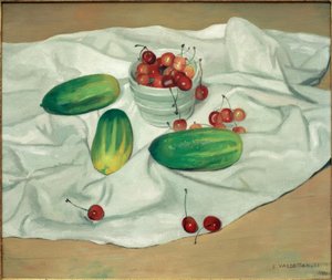 きゅうり3本とさくらんぼが入った花瓶 作： Felix Edouard Vallotton