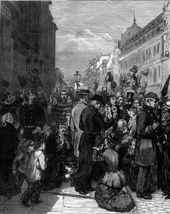1880年3月にジュール・フェリーが発行した、無許可の宗教団体のメンバーを教える権利を奪うという命令に基づき、パリのセーブル通りからイエズス会の人々が追放された：パリの人々は追放された人々に連帯感を示した 作： Felix Elie Regamey