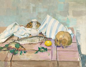 頭蓋骨と魚のある静物 作： Felix Esterl
