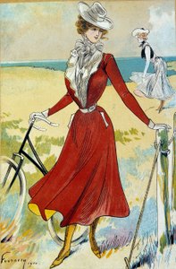 ファッション ベルエポック：「スポーティ」 若い女性サイクリストの服装。フェリックス・フルネリー（1865-1938）によるイラスト 20世紀 パリ 装飾美術 作： Felix Fournery