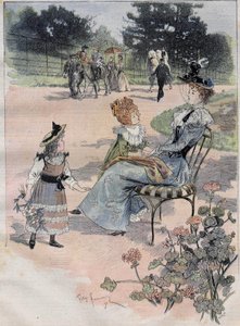 1892年、パリの順化の庭への子供たちの散歩。エングレーヴィング・ザ・ファウンダリー・アケレル。 作： Felix Fournery