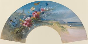 ノーマン コーストを背景にしたワイルドフラワーとバタフライのファン、c. 1875年。 作： Felix Hilaire Buhot