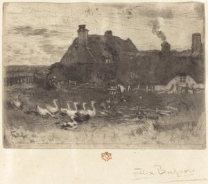 Les Petites Chaumières わらぶき小屋 -- 小皿、1878 年。 作： Felix Hilaire Buhot