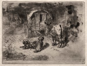 The Guardians of the House, or the Friends of the Saltimbanque, c. 1875. 作： Felix Hilaire Buhot