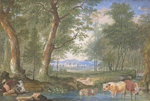 小川に牛がいる風景、1698年。 作： Felix Meyer
