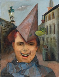 紙の帽子と青いスカーフのある自画像、1936年頃（合板に油彩） 作： Felix Nussbaum