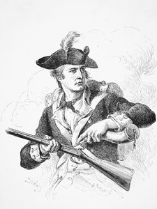独立戦争中のアメリカ人兵士が、火縄銃のパンに火薬入れを使っている様子、A.Bollettの刻印（エングレービング 作： Felix Octavius Carr (after) Darley