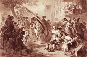 ジョージワシントンは1783年にニューヨークに入り、アレクサンダーヘイリッチー（1822-1895）（メゾチント）によって彫刻されました