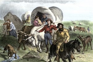 西コンケテ入植者の歴史：アメリカの開拓者たち。牛に引かれた精勤でアメリカの平原を横断する数家族の旅。19世紀のカラフルなエングレーヴィング。 作： Felix Octavius Carr Darley