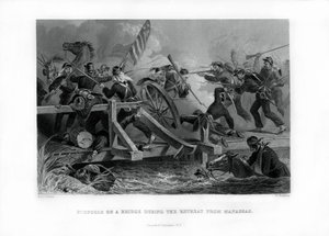 1862年から1867年にかけて、バージニア州マナサスからの撤退中に橋の上で奮闘する。 作： Felix Octavius Carr Darley
