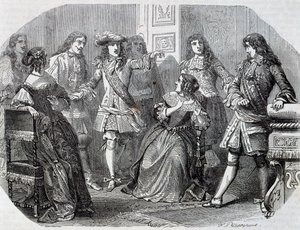 ニコラ・フーケ財務長官の逮捕（アンリ・フェリックス・エマニュエル・フィリポトー（1815-1884）による彫刻） アレクサンドル・デュマ（1802-1870）の『ブラゲロンヌの代爵』より 作： Felix Philippoteaux