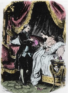王妃の酒は、ネックレスケースを鼓舞する。アレクサンドル・デュマの「王妃の首飾り」のためにフェリックス・フィリポトー（1815-1884）が描いた絵。 作： Felix Philippoteaux