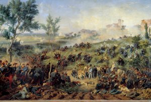 モンテベロ・ディ・カステジオの戦いの眺め 1859年05月20日 フランスがオーストリア軍に勝利する。Henri-Felix-Emmanuel Philippoteaux（1815-1884）による絵画 1862年。薄暗い。1x1.5m パリ、Musee de l