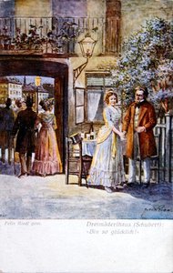 家の前にシューベルトを描いた「Das Drei Maderl Haus」（「3人の少女の家」）のシーン、1916年頃（カラーリソ） 作： Felix Riedl