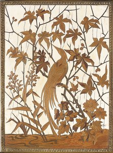 湿地帯の紅葉に囲まれたエキゾチックな鳥がはめ込まれたパネル、Maison Grioux 作： Ferdinand Duvinage