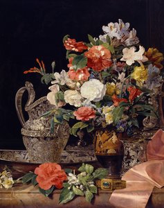 銀器と古代の花瓶を配した花束 作： フェルディナンド・ゲオルグ・ヴァルドミュラー